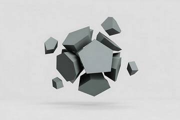Abstract geometric forms in shades of gray, scattered and floating in a dynamic composition.