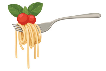 Fork holds a portion of pasta with bright red tomatoes, representing a delicious meal.