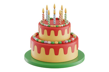 Festive layered cake adorned with colorful candles, celebrating a joyous occasion with sweetness.