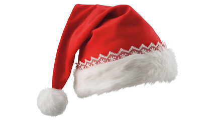 Festive red hat with white trim and pom-pom, evokes holiday cheer and winter celebrations.