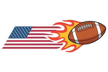 American flag and football with flames, representing patriotism and spirited competition.