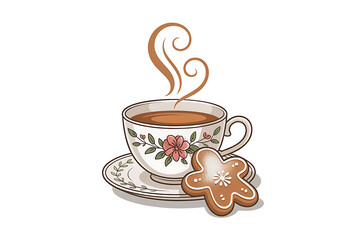 Warm beverage in a decorative cup, accompanied by a gingerbread cookie and rising steam.