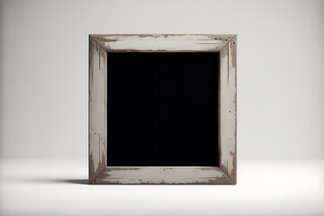 Empty, aged wooden frame against a stark backdrop, suggesting potential and blank canvas.