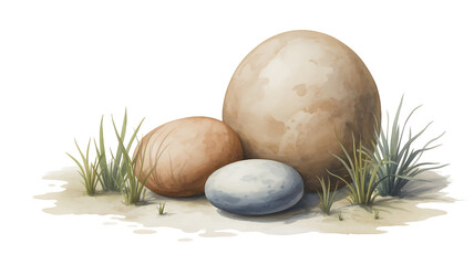 Large, smooth stones rest amongst sparse grass and sand, evoking a tranquil, natural scene.