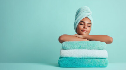 young happy woman leaning her head on stack of freshly washed towels, turquoise and white color palette, soft pastel blue background, bright even lighting, cozy clean aesthetic, mi