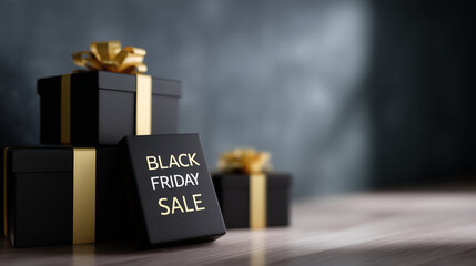 black friday super sale banner, luxury black background with golden typography, elegant gift boxes wrapped in black ribbons, modern premium design, minimal dark aesthetic, realisti