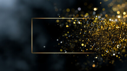 gold glitter black friday background, luxurious festive explosion effect, shining particles around white rectangular frame, elegant black backdrop, modern sale banner, glamorous pr