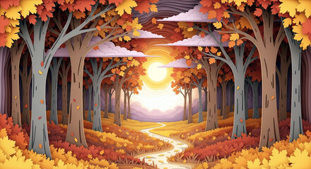 A vibrant autumn forest with a winding path, colorful leaves, and a glowing sunset, crafted in a layered paper art style, exuding peace and warmth