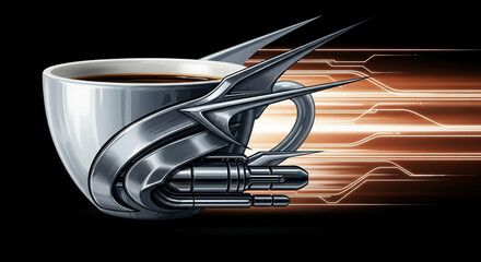 A futuristic coffee mug with a sleek, metallic design, featuring sci-fi wings and a glowing orange circuit background, blending technology and art in a dynamic space concept