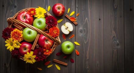 Wicker basket filled with red and green apples among colorful autumn flowers and cinnamon sticks, top view thanksgiving decoration.
