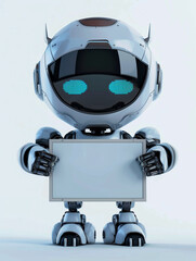 An advanced cute humanoid robot holding a very large whiteboard directly facing the viewer,  no background