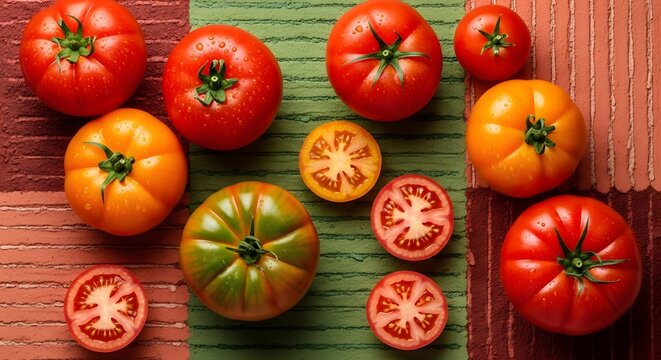 A colorful assortment of whole and sliced tomatoes on a surface