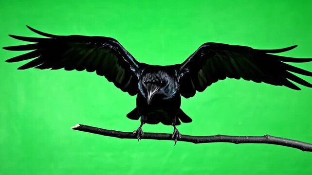 Black crow perched on a branch against a vibrant green background animal wildlife nature concept