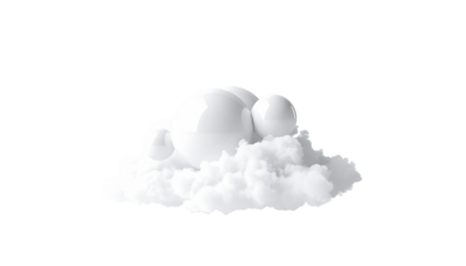 Sculptural rendering shows fluffy, white cloud with polished orbs against stark black backdrop in abstract composition