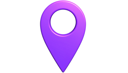 3D rendered violet location pin with a glossy surface, isolated on black