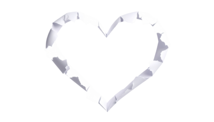 White heart-shaped form, like torn paper, against a black background. Isolated. Rendered. Soft shadow
