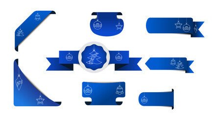 Abstract blue christmas ribbon set with vintage baubles, snowflakes vector. 3d price tag vector set to use for christmas sale, web offer, badge, price tag, christmas card, holiday offer. 