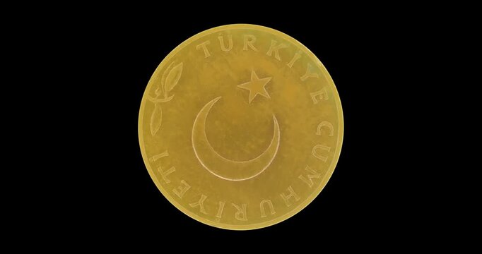 Obverse of Turkey coin 5 kurus 1969, isolated in black background. Loopable animation in 4k resolution video