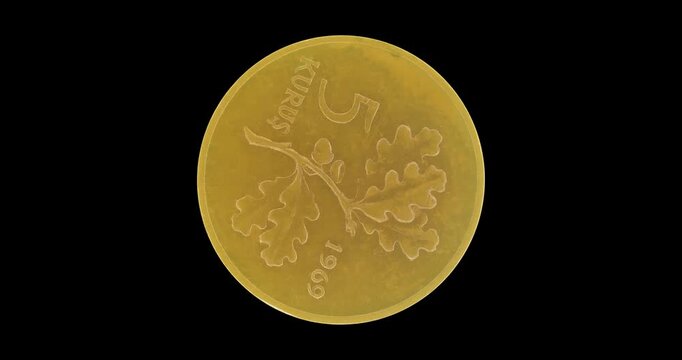 Reverse of Turkey coin 5 kurus 1969, isolated in black background. Loopable animation in 4k resolution video
