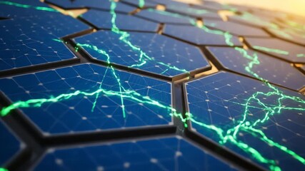 Solar panel array with energy flow depiction against a warm light source - Powered by Adobe