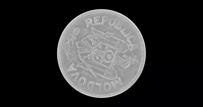 Obverse of Moldova coin 25 bani 2004, isolated in black background. Loopable animation in 4k resolution video