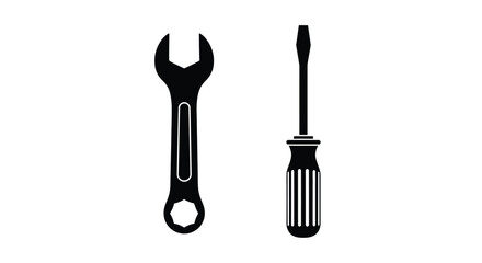 Simple black and white illustration showing a wrench and a flathead screwdriver