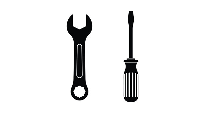 Simple black and white illustration showing a wrench and a flathead screwdriver