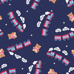 Teddy Bear and Choo Choo Train Seamless Pattern. Kids Vector Background dark blue night sky