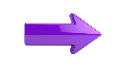 Glossy purple arrow pointing right, isolated on a dark background with soft shadows and reflections