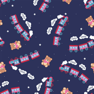 Teddy Bear and Choo Choo Train Seamless Pattern. Kids Vector Background dark blue night sky