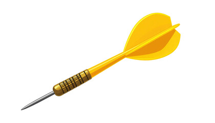 Isolated golden dart with a steel tip, detailed fletching, and grip on a solid black background