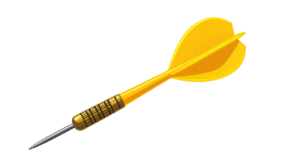 Isolated golden dart with a steel tip, detailed fletching, and grip on a solid black background