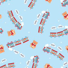 Teddy Bear and Choo Choo Train Seamless Pattern. Kids Vector Background light blue
