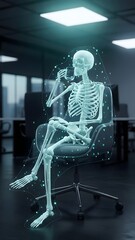 A transparent skeleton sits comfortably in a sleek office chair, holding a cup. The scene captures a serene moment, with soft light filtering through large windows and modern furniture surrounding