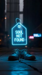 Glowing neon sign proclaiming Soul Not Found hovers above a pair of lonely shoes in a dimly lit city street