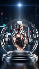 A beautifully crafted heart is showcased inside a transparent dome, illuminated by a soft light. A heartbeat line pulses in the background, blending art and science in an urban setting