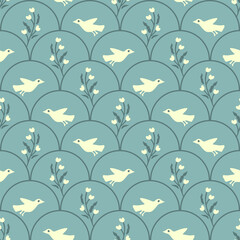 Seamless white vector flowers and birds