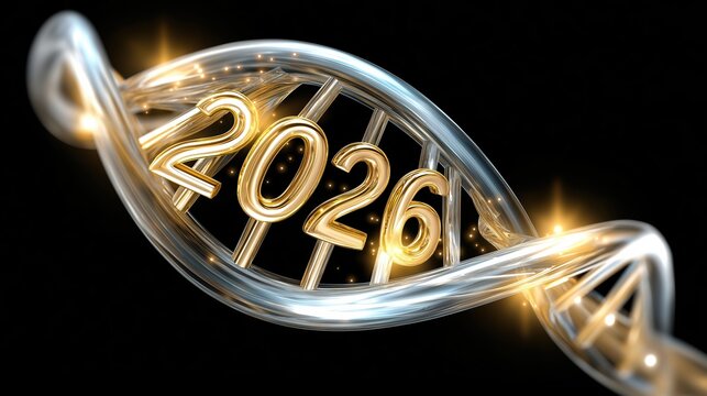 medical 2026. Glowing DNA helix twisted into numbers representing 2026, showcasing a futuristic concept of genetic innovation and scientific advancement in a high-fidelity visual representation - Powered by Adobe