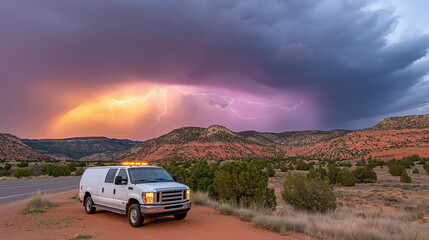 A van parked on a desert roadway under a vibrant sky filled with dramatic clouds and lightning, evoking feelings of both fear and fascination