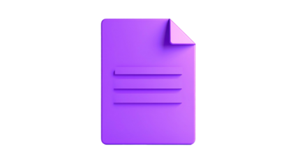 3D-rendered purple document icon with lines, on black. Corner is folded, conveying a simple, flat, digital representation