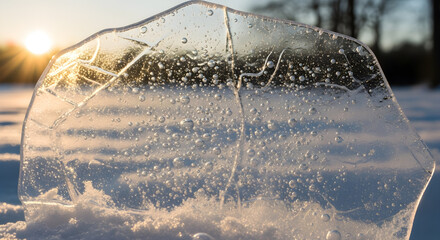 Close up of a chunk of ice with bubbles on a snowy surface with the sun setting in the background