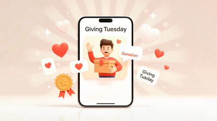 Waving animated character holding donation box in dynamic phone interface, soft gradient background, concept of Giving Tuesday and charitable giving.