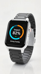 3D render of a smartwatch displaying "Impact 82%" with clean highlights, neutral studio background, Giving Tuesday concept.