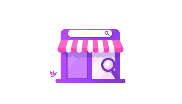 Purple storefront cartoon. Search bar above awning with magnifying glass elements, all against a black background