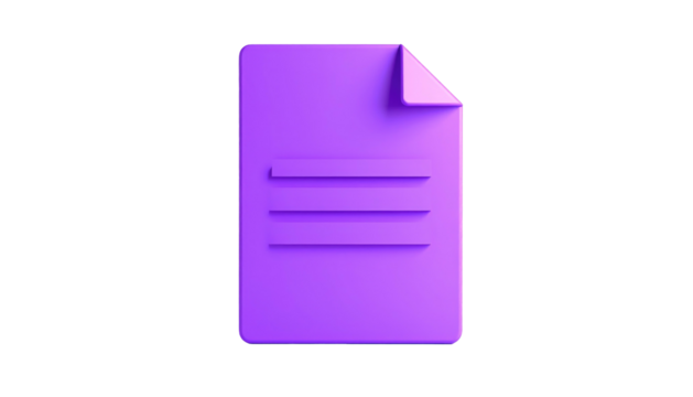 3D-rendered purple document icon with lines, on black. Corner is folded, conveying a simple, flat, digital representation