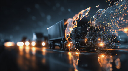 Smart digital Innovation Container truck in ship port for business Logistics and transportation of Container Cargo ship and Cargo plane with working crane bridge with world map