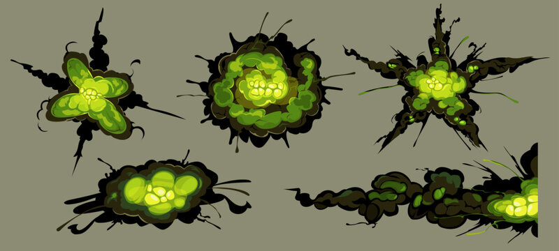 Weapon visual effects, airbursts in the shape of stars, spirals, and crosses. The aftermath of an artillery shell, rocket, or bomb explosion. WFX, 2d, comic book, vector cartoon illustration.
