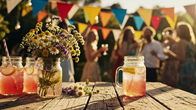 Rustic Wooden Table with Drinks at Outdoor Garden Party