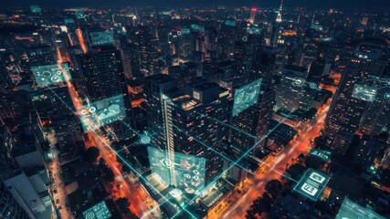 Cityscape at night with digital overlay - Powered by Adobe