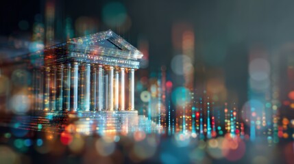 Futuristic virtual bank building. Digital architecture of the modern financial system